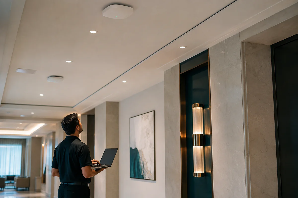 Technician surveying ceiling-mounted enterprise access points in a commercial property