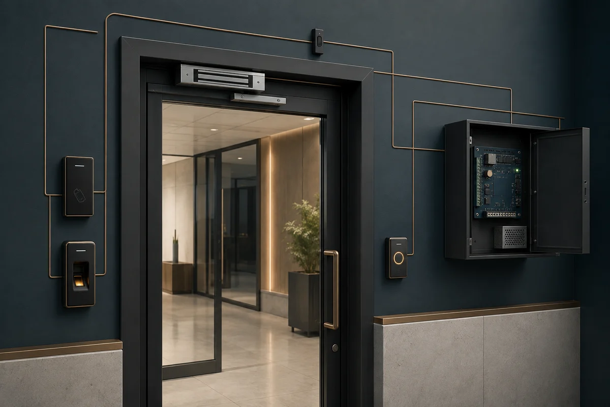 Commercial door with access readers, lock, sensor and controller