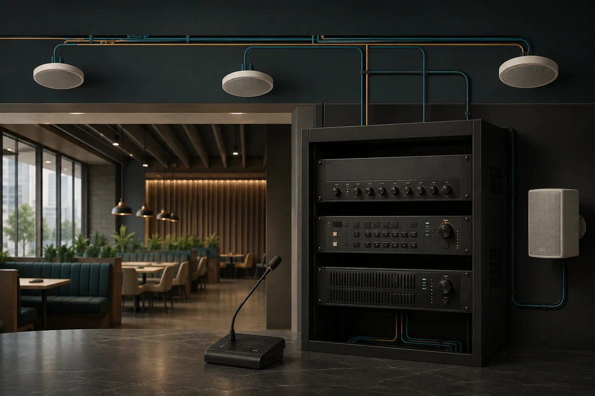 Public address rack, microphone and installed ceiling and wall speakers