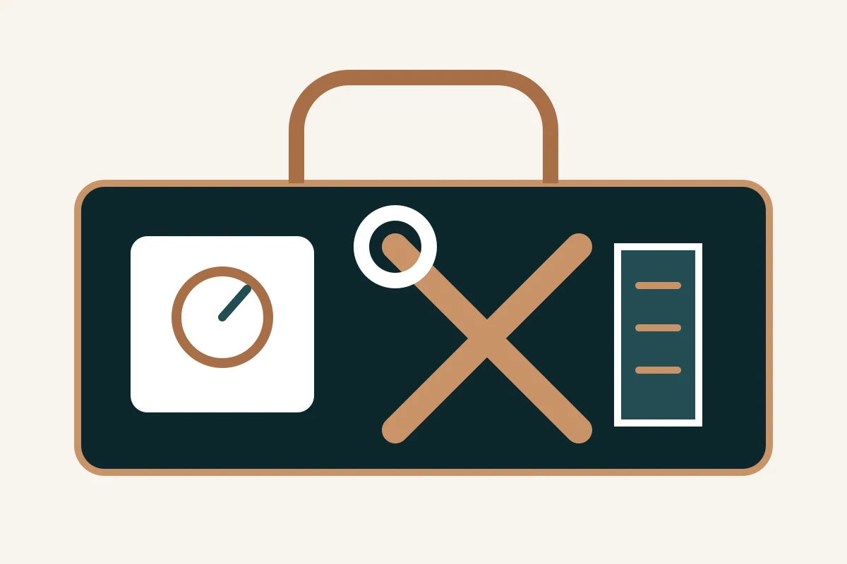 Technical illustration of test tools and site equipment organized for project use