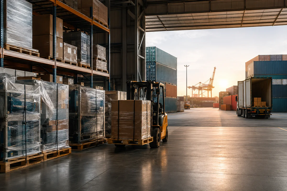 Organized commercial cargo, packaged equipment and container handling at a Gulf-region logistics facility