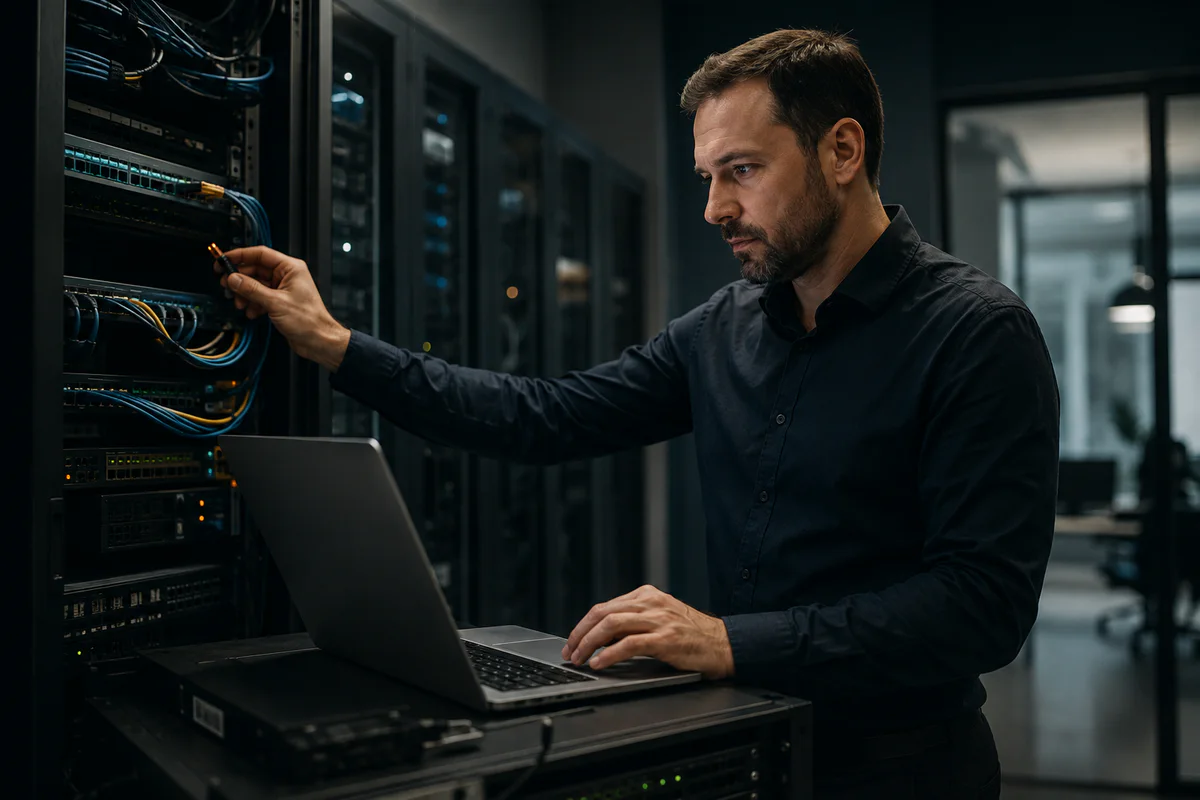 IT technician using a laptop while inspecting business network infrastructure