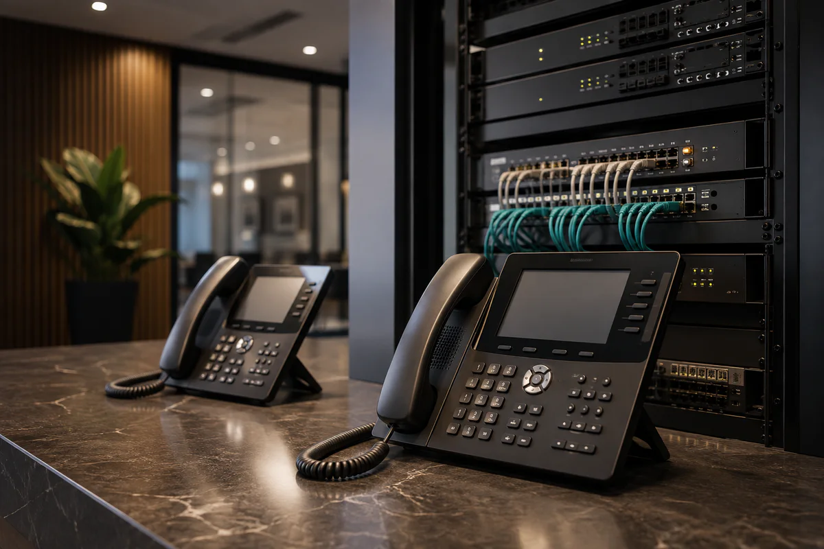 Professional IP desk phones beside rack-mounted PBX and voice gateway equipment