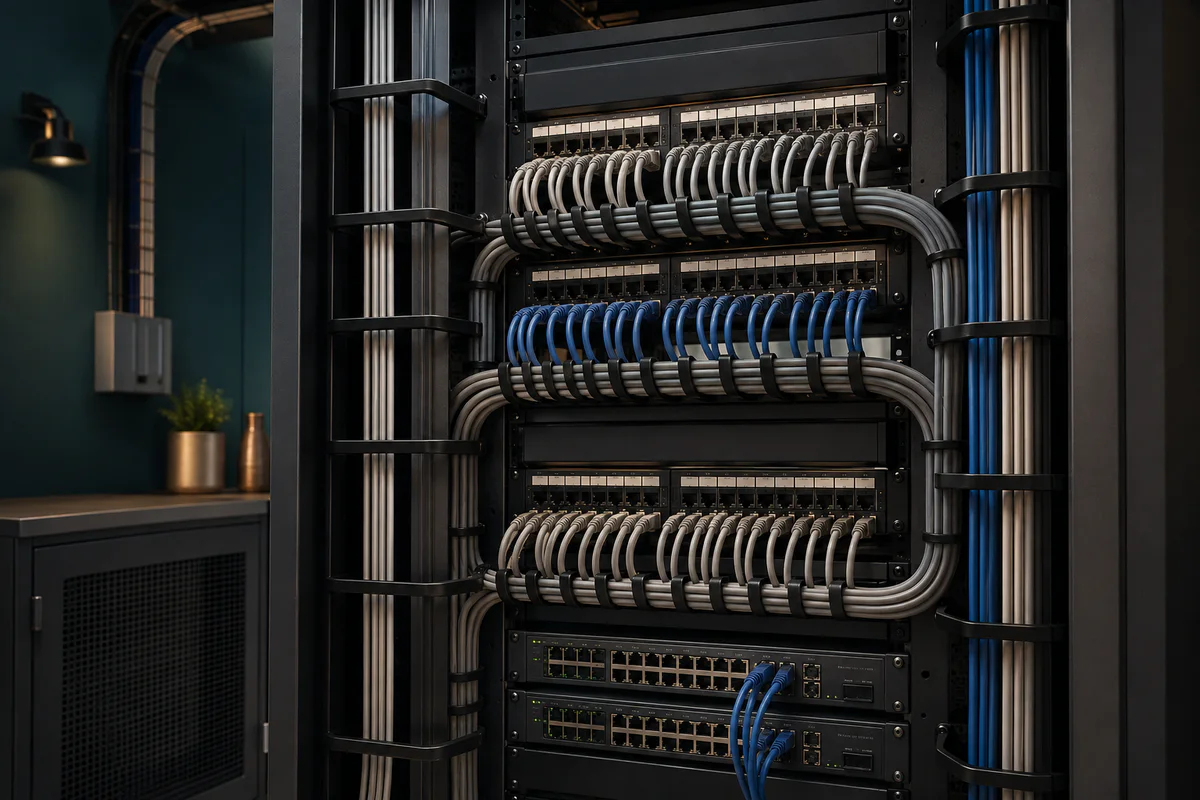 Organized Cat6 and Cat6A patch panels with separated cable management in a telecommunications room