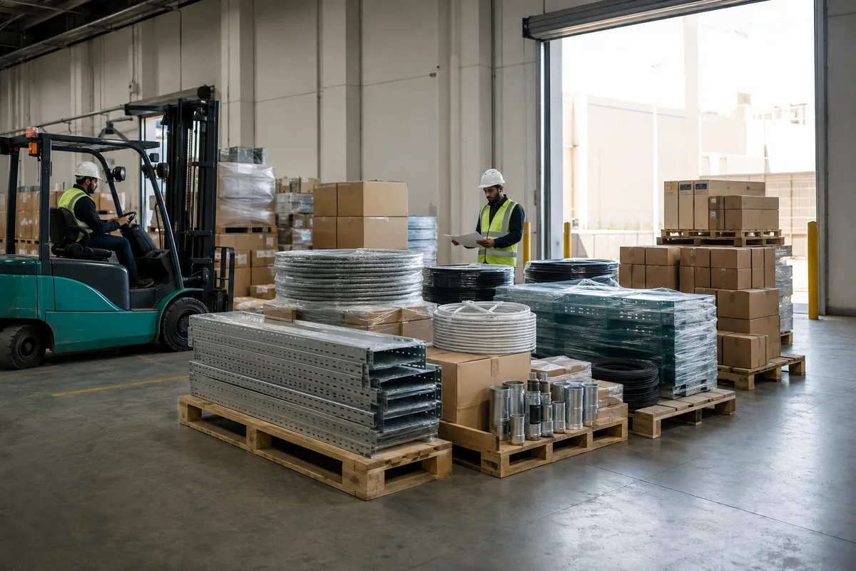 Industrial materials organized in a commercial warehouse for coordinated supply and delivery